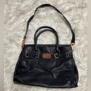 MICHAEL Michael Kors Black Leather Shoulder Bag with Rose Gold Hardware